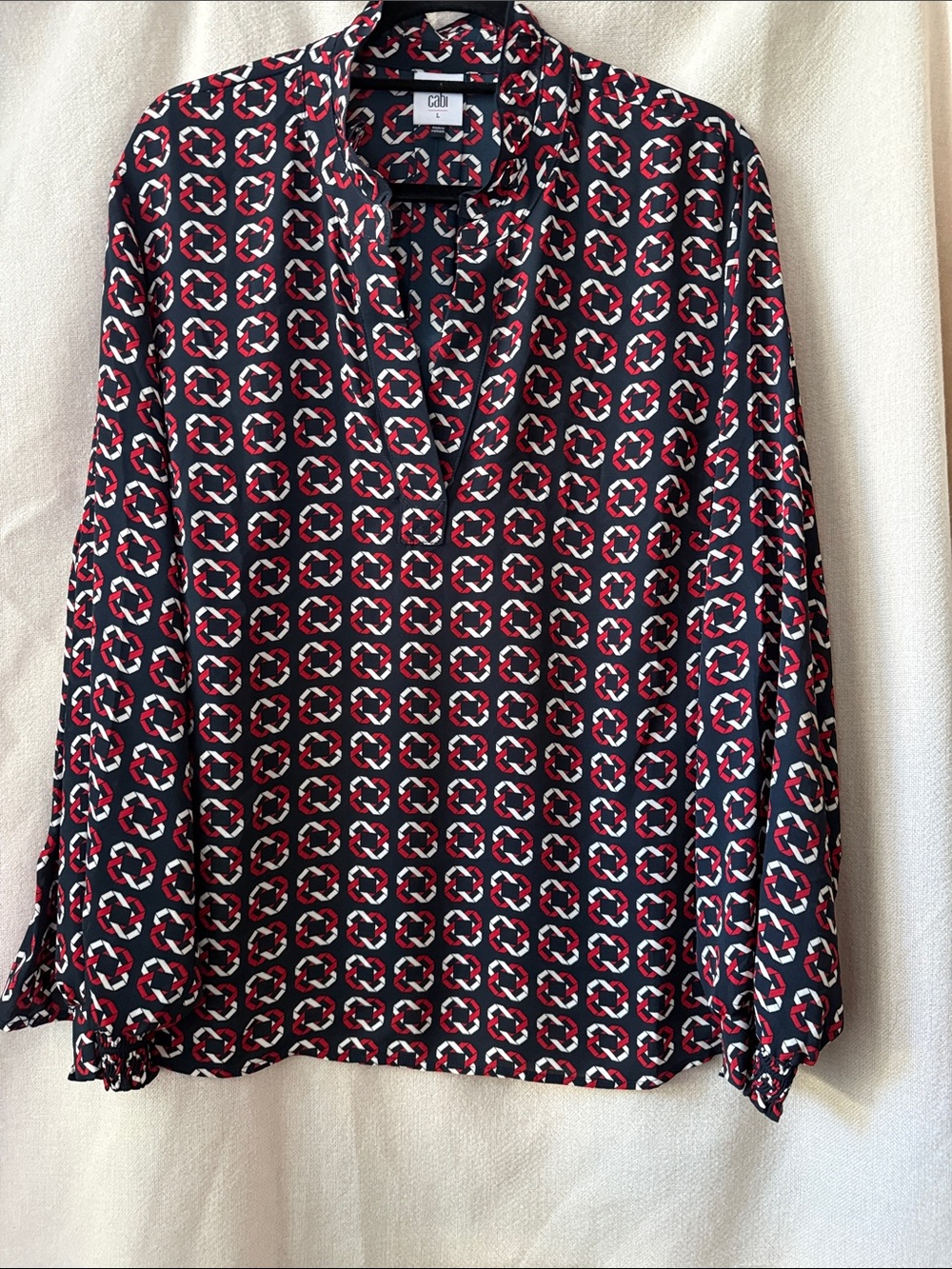CAbi Navy, Red White Print Long Sleeve Blouse frill mandarin collar szL